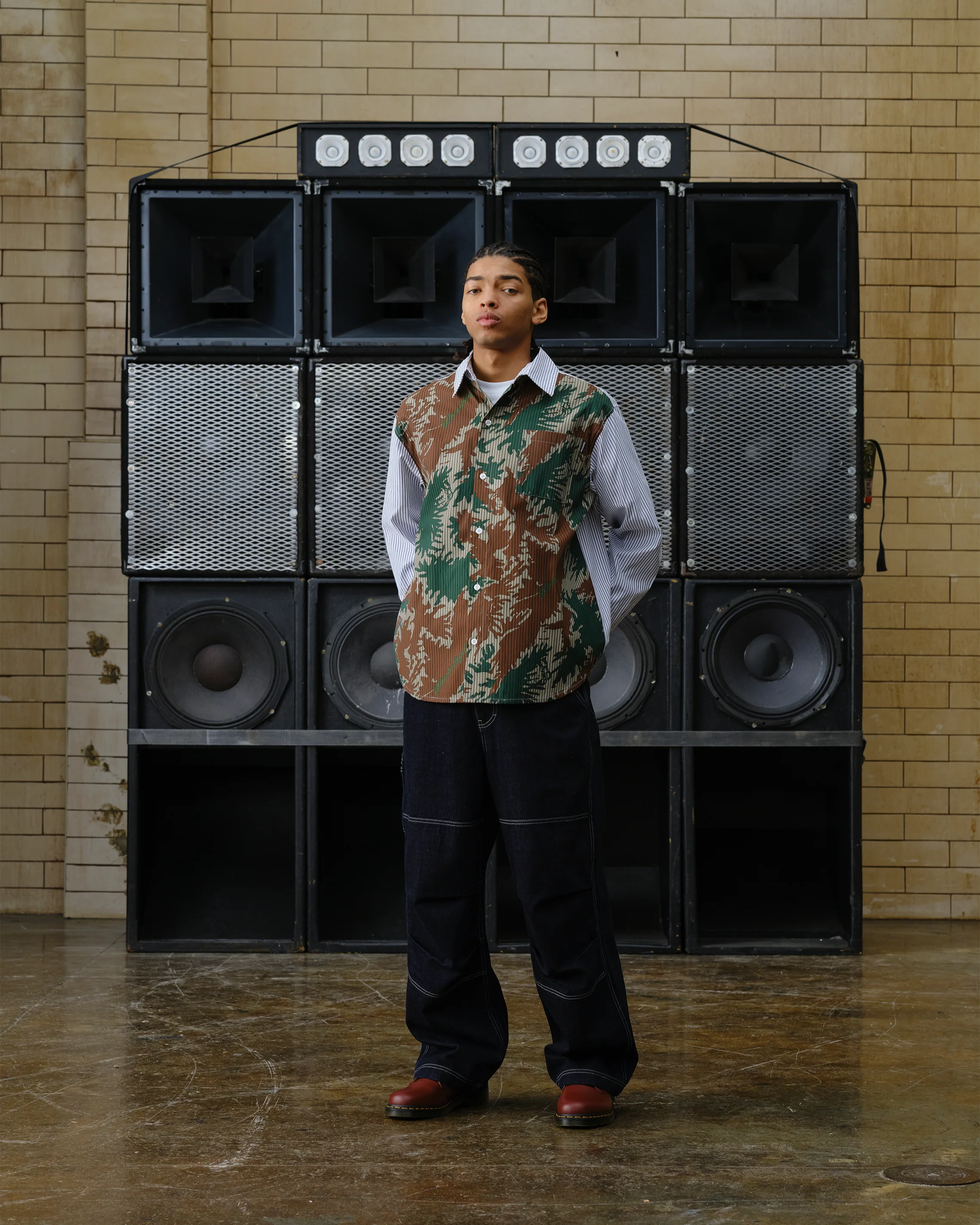 Burst Camo Half Print Poplin Stripe Shirt - Macdery